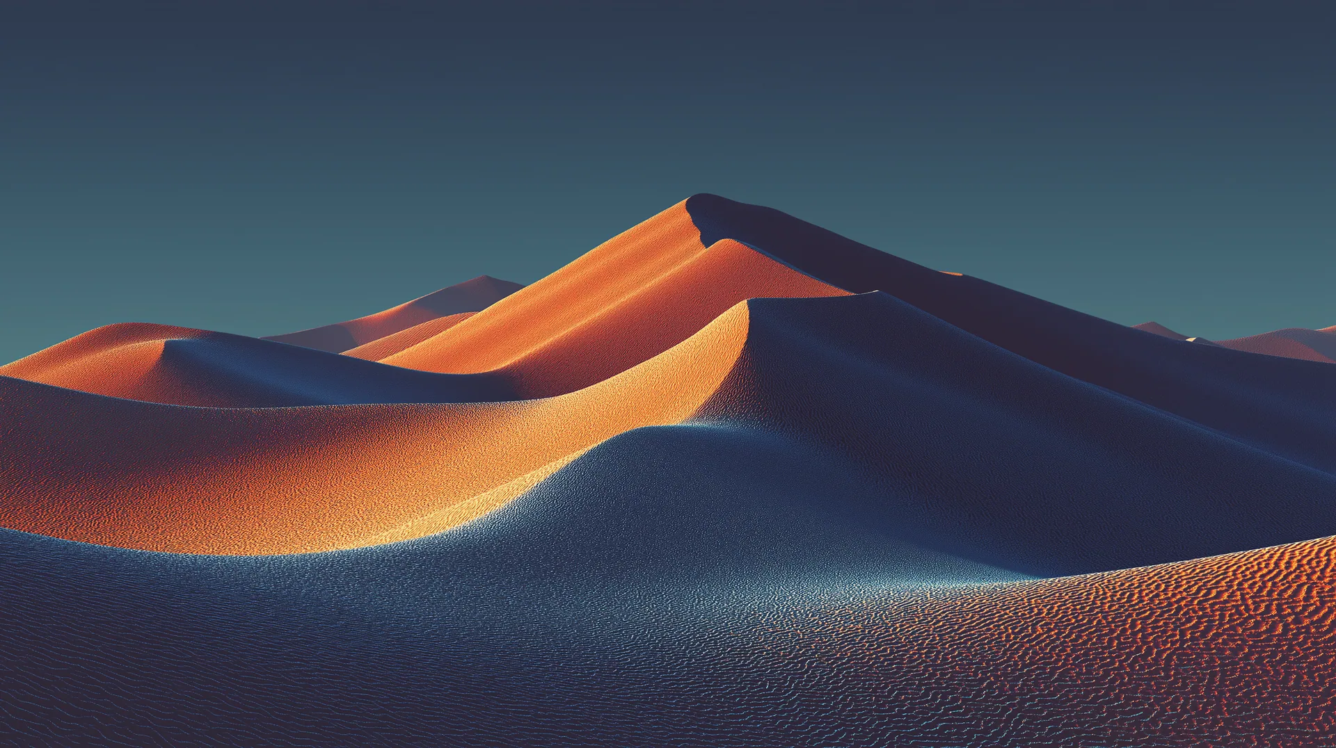 A composed dune scene. Warm face, cool shadow, single ridge.