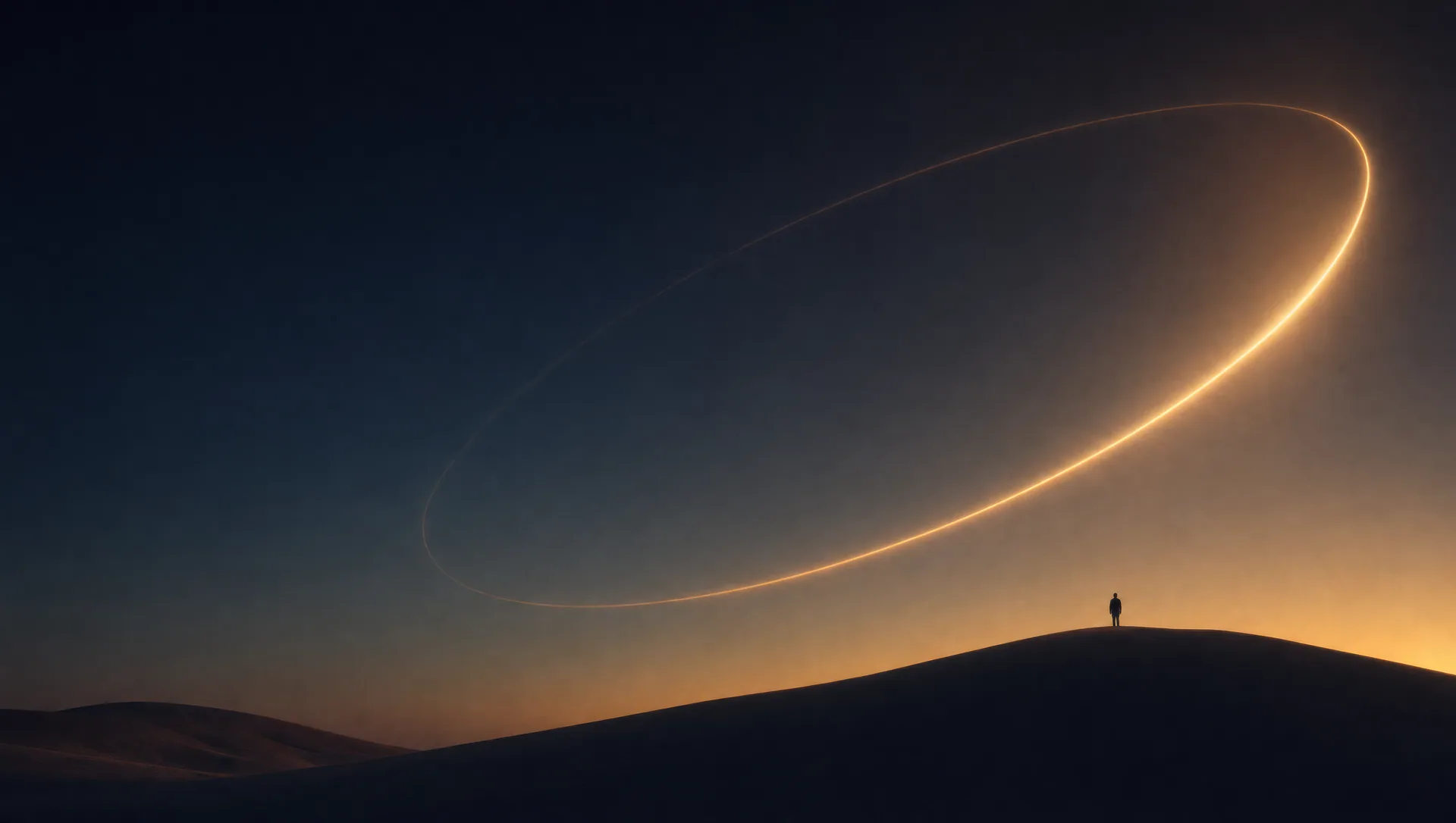 An orbit-arc motif tracing across warm dunes. Geometry meets ground.